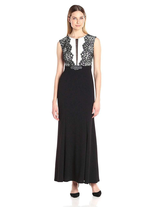 Alex Evenings - 160101 Sleeveless Illusion Lace Border Long Gown in Black and White