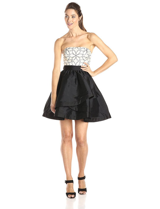 Adrianna Papell - 41908340 Strapless Floral A-Line Cocktail Dress in Black and White