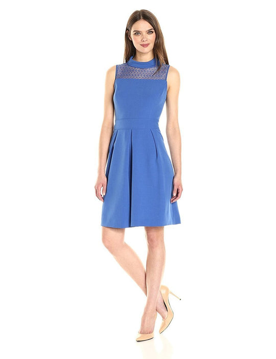 Anne Klein - 10642298 High Neck Lace Pleated Dress in Blue