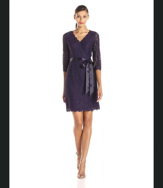 Adrianna Papell - Quarter Length Sleeves Lace Short Dress 41910400 in Purple