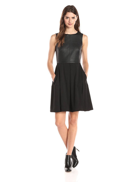 Taylor - Jewel Neck Leather A-line Dress 5755M in Black