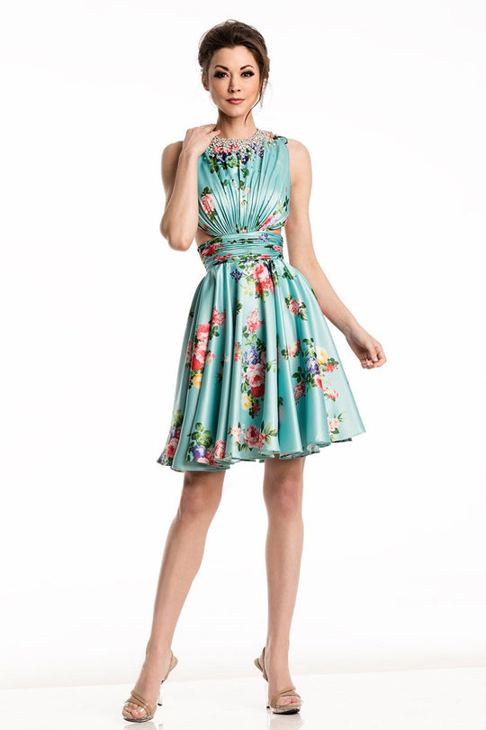 Johnathan Kayne - 7200 Floral Printed Ruched Cocktail Dress in Blue and Multi-Color