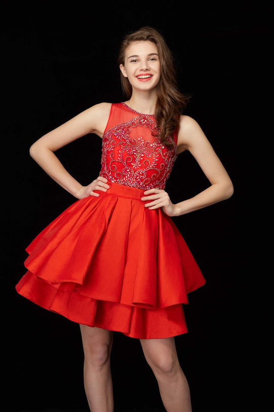 Angela & Alison - 72013 Bejeweled Sheer Bateau A-line Dress In Red
