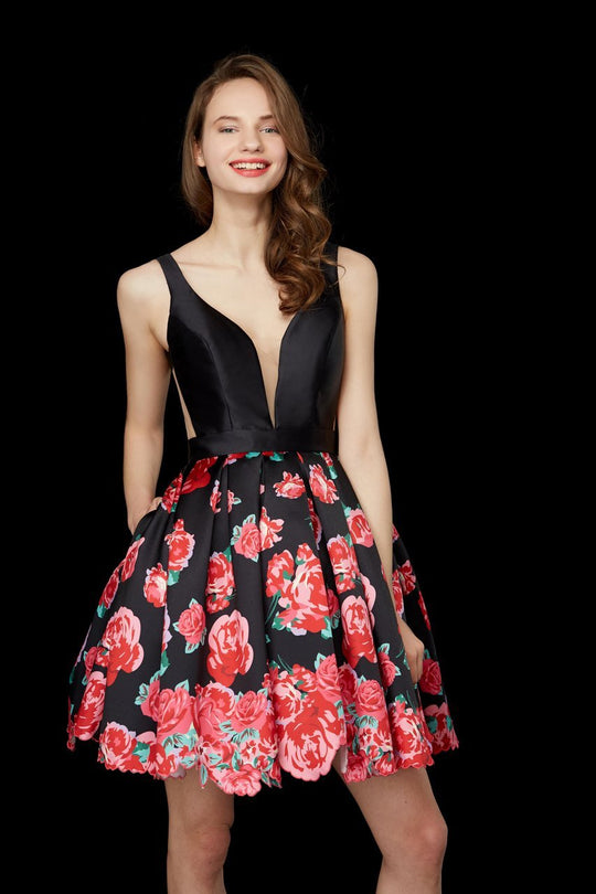 Angela & Alison - 72014 Deep V-neck Floral Dress In Black and Floral