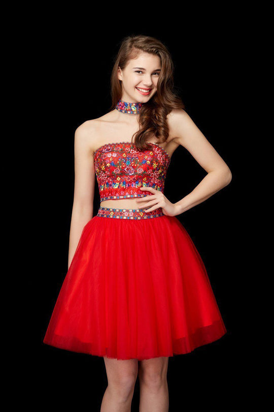 Angela & Alison - 72022 Embroidered Two-Piece Tulle Dress In Red