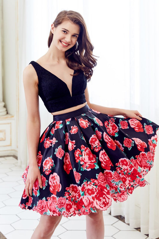 Angela & Alison - 72025 Two Piece Lace Floral Printed Dress In Black and Floral