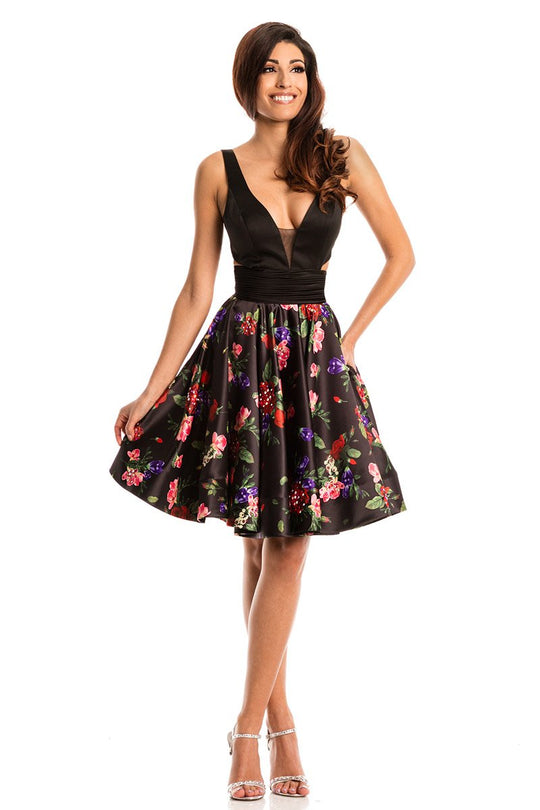 Johnathan Kayne - 7208 Plunging V Neck Floral Cocktail Dress in Black and Multi-Color
