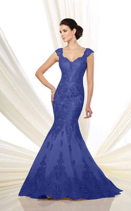 Ivonne D by Mon Cheri - Embroidered Cap Sleeves Trumpet Gown in Blue