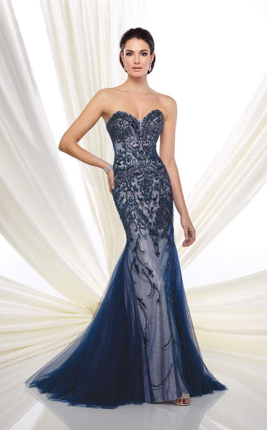 Mon Cheri - Embellished Bodice Sweetheart Long Dress 216D48  In Blue