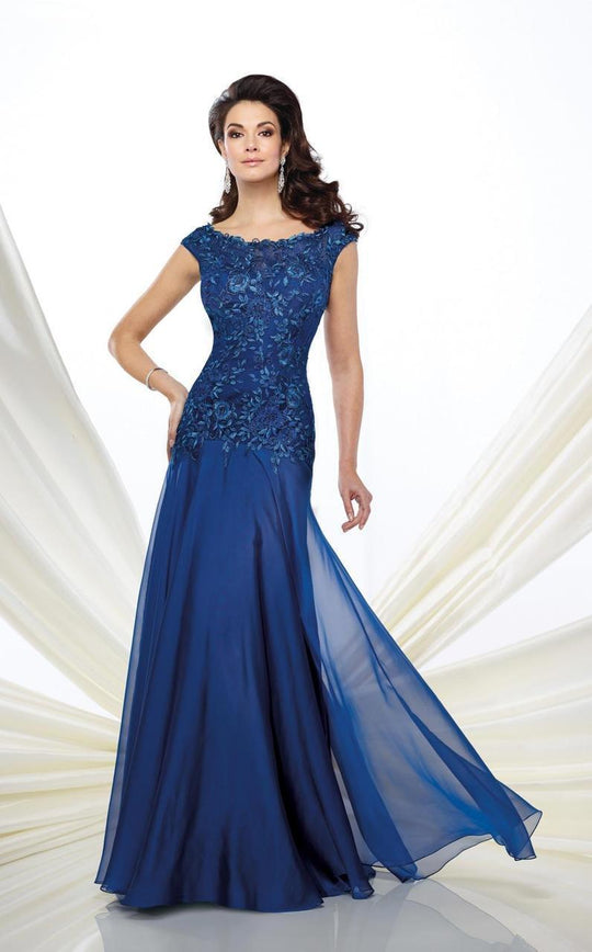 Montage by Mon Cheri - Bateau Lace Chiffon Evening Dress in Blue