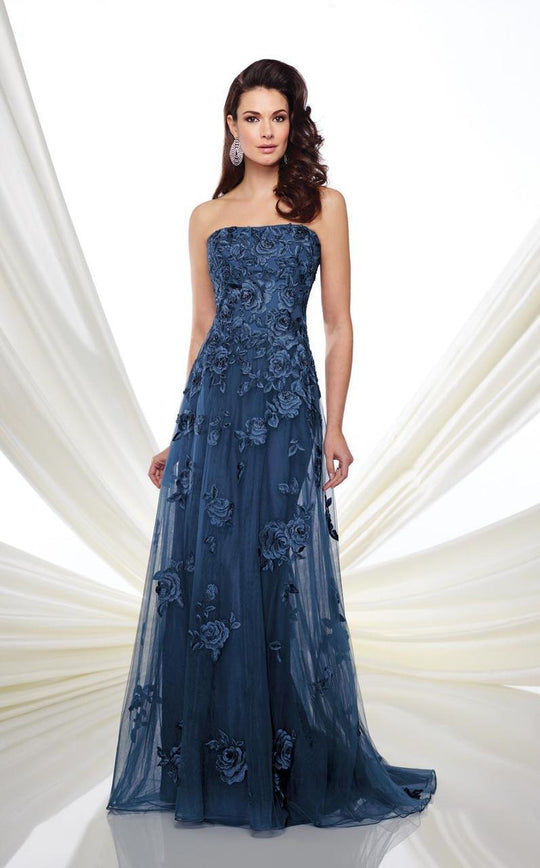 Montage by Mon Cheri Strapless Floral Embroidered A-Line Gown In Blue