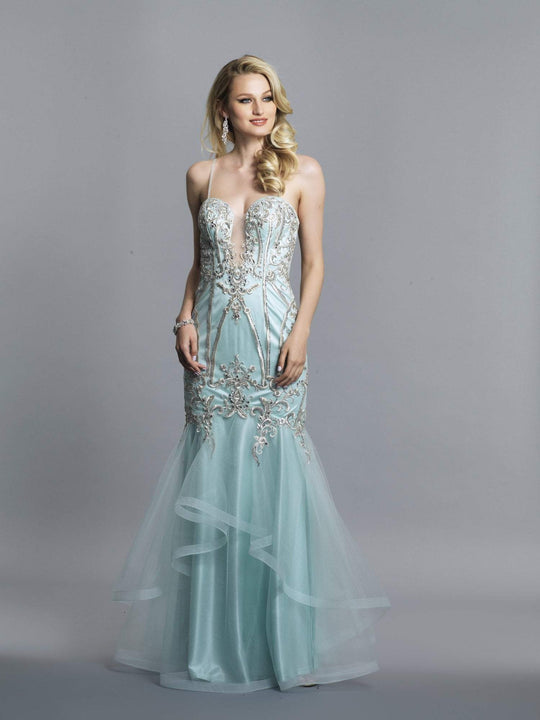 Dave & Johnny - A7228 Beaded Embroidered Plunging Sweetheart Dress In Blue and Green