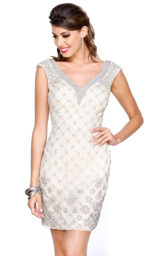 Shail K - Cap Sleeve Scoop Neck Short Column Dress 1011  In Neutral