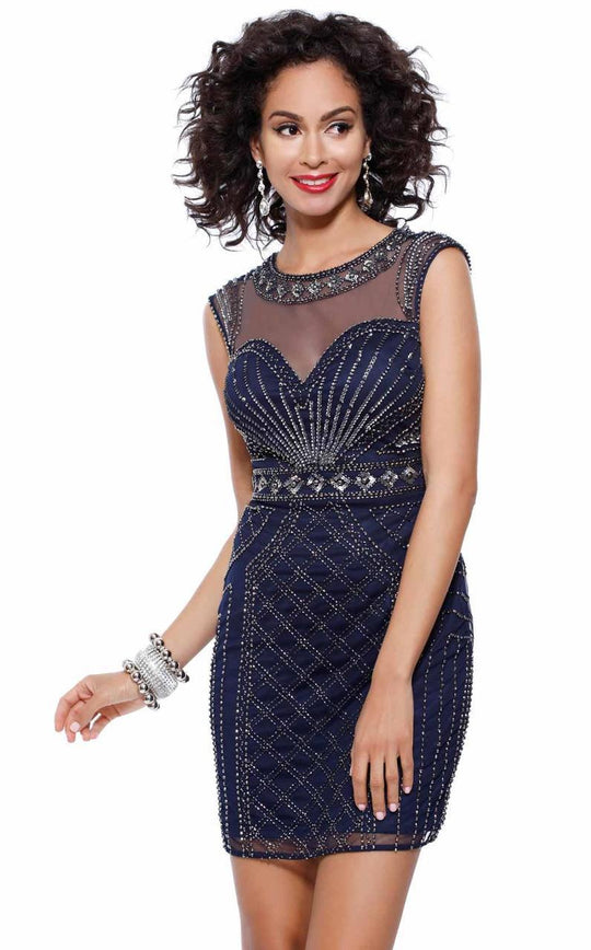 Shail K - Sheer and Beaded Cap Sleeve Jewel Neck Column Dress 1012 In Blue
