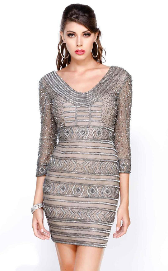 Shail K - Jewel Embellished Quarter Length Sleeve Scoop Neck Column Dress 1016 In Gray
