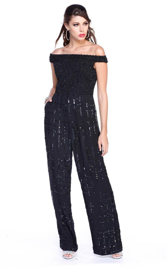 Shail K - Bejeweled Off The Shoulder Jumpsuit 1037 In Black