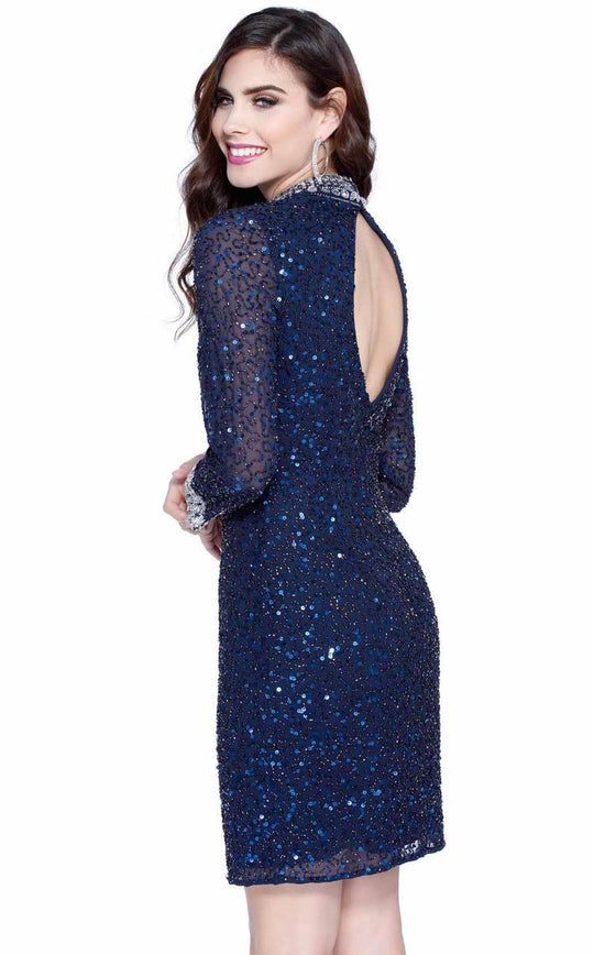 Shail K - Bejeweled High Collared Neck Column Dress 1039 in Blue