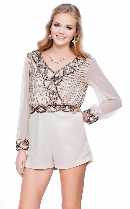 Shail K - Sequined Long Sleeve Romper 1041 In Neutral