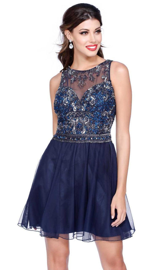 Shail K - Sheer and Sparling Brocade Cocktail Dress 1053 In Blue