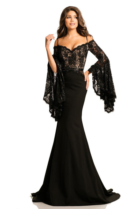 Johnathan Kayne - 7244 Bell Sleeve Off-Shoulder Lace Gown in Black and Neutral