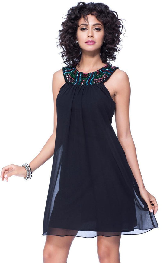 Shail K - Halter Short Dress 1067 in Black and Multi-Color