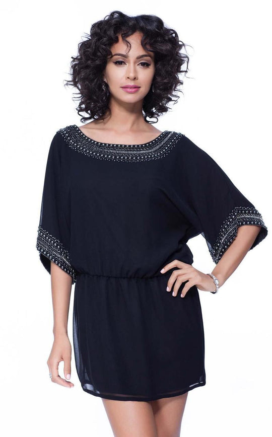 Shail K - Beaded Neckline and Wide Sleeve Cocktail Dress 1073 In Black