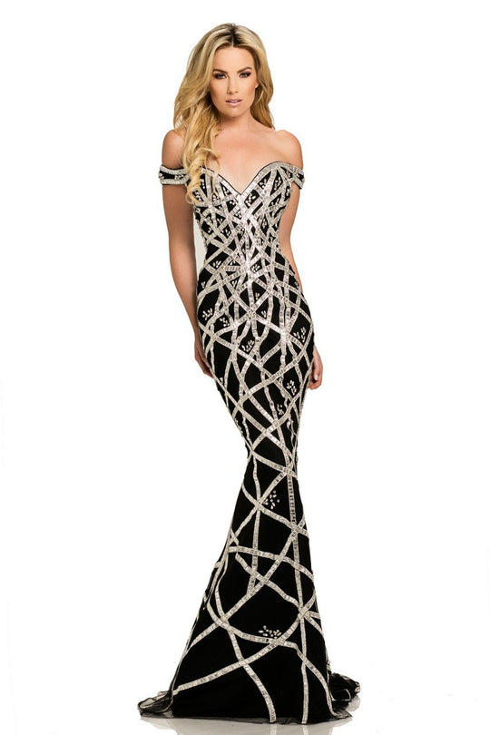 Johnathan Kayne - 7246 Crystal Embellished Off Shoulder Overskirt Gown in Black