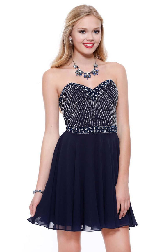 Shail K - Strapless Embellished Short A-Line Dress 1094 In Blue and Silver