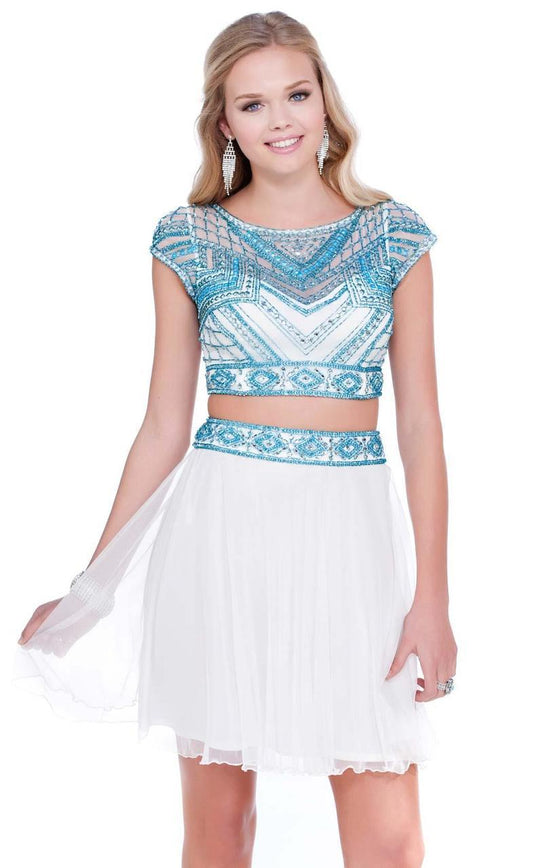 Shail K - Two Piece Bejeweled Cap Sleeve Bateau Neck Cocktail Dress 1104 In White and Blue