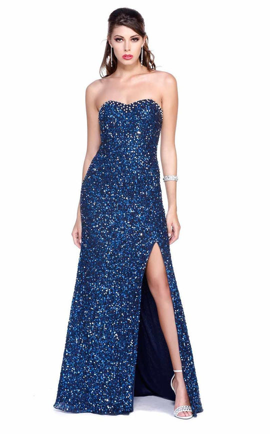 Shail K - Glistening Strapless Evening Gown with Side Slit 3133 in Blue