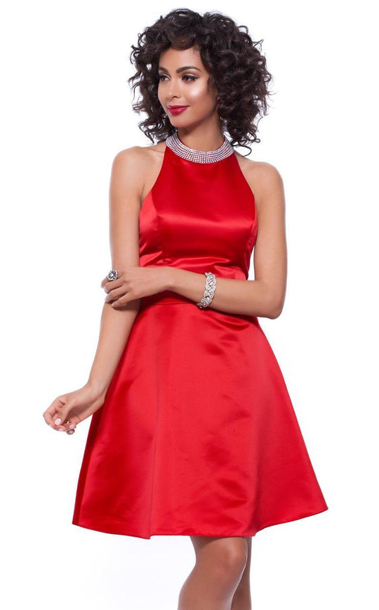 Shail K - Luminously Halter A-Line Satin Cocktail Dress 4015 In Red