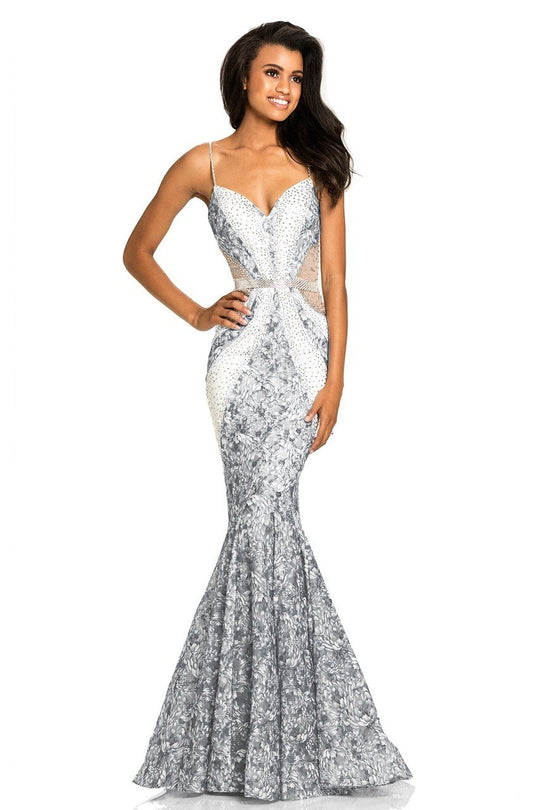 Johnathan Kayne - 7250 Floral Print Sweetheart Mermaid Dress in White and Silver