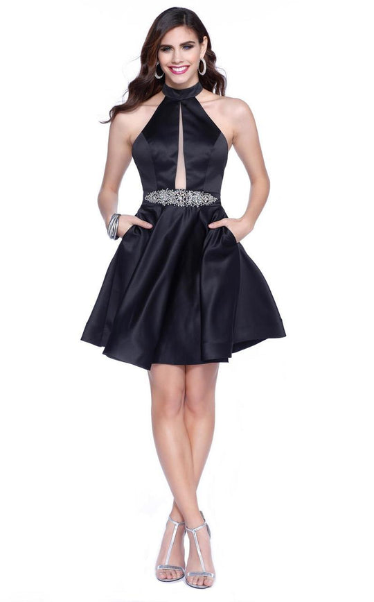 Shail K - Elegant Short Halter Dress with Sparkling Brooch 4021 in Black
