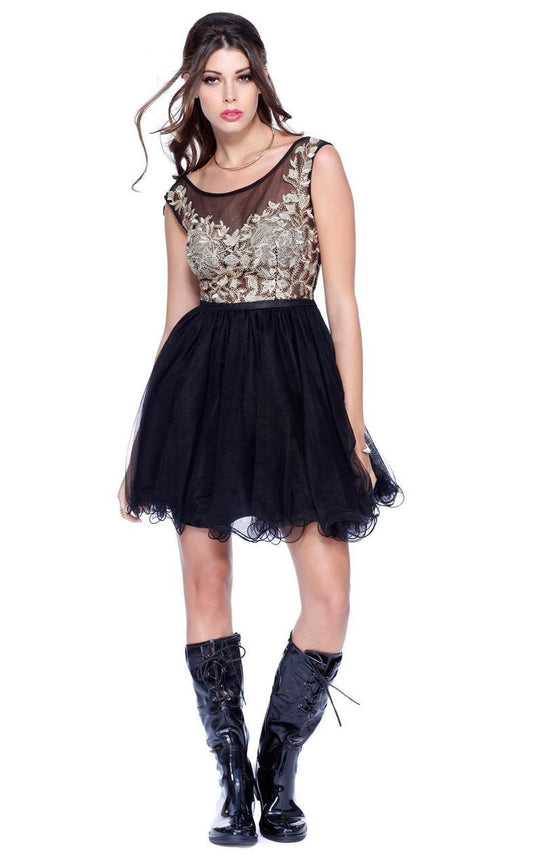 Shail K - Sheer Embroidered Short Tulle Dress 4022 in Black