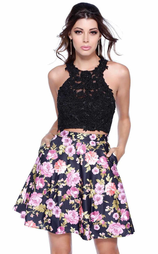 Shail K - Two Piece Lace Floral Skirt with Criss Cross Back 4023 in Black and Floral