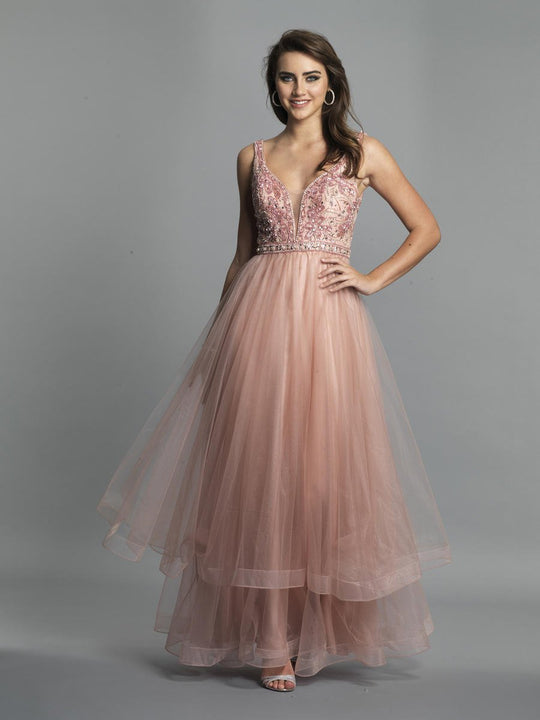 Dave & Johnny - A7255 Beaded Deep V-neck Tiered A-line Dress In Pink