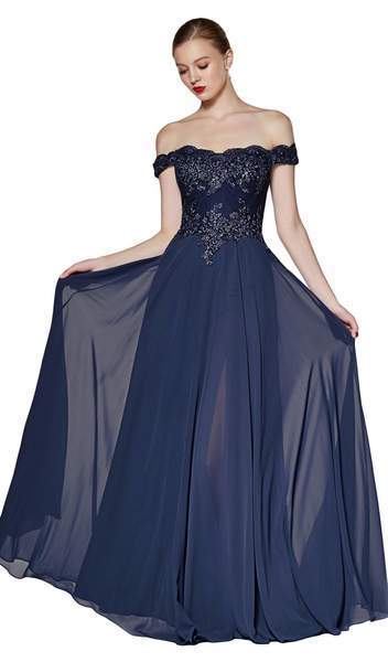Cinderella Divine - Flowy Chiffon Lace Embellished A-Line Gown 7258 In Blue