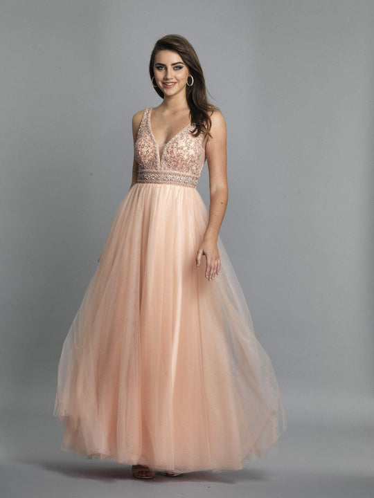 Dave & Johnny - A7258 Beaded Plunging V-Neck A-Line Gown In Orange