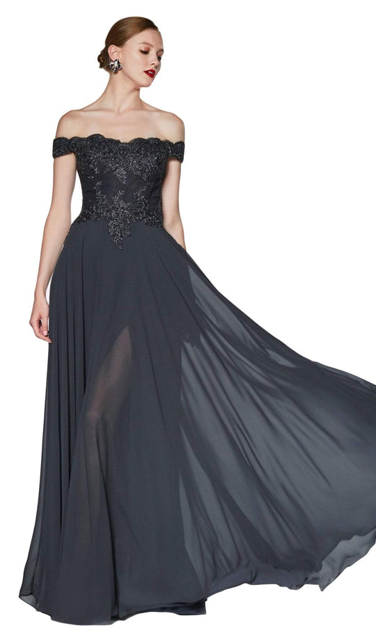 Cinderella Divine - 7258 Flowy Chiffon Lace Embellished A-Line Gown In Black