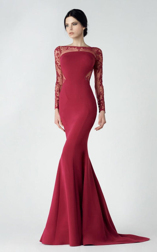 Saiid Kobeisy - 2918 Sheer Long Sleeve Mermaid Evening Gown - 1 Pc Carmine in Size 4 Available
