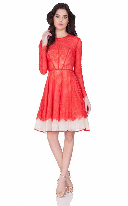 Terani Couture - Luxurious Laced Jewel Neck Cocktail Dress 1621C1296 In Red and Neutral