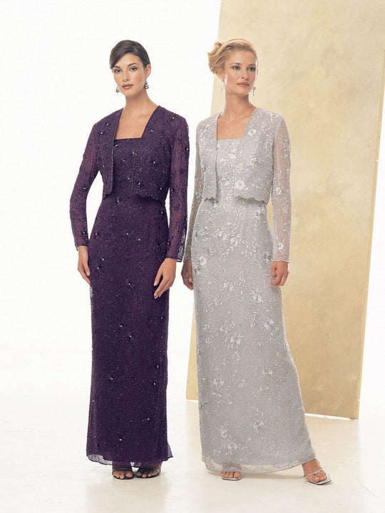 Montage by Mon Cheri - 21917 Embroidered Sheath Dress with Bolero In Purple and Gray
