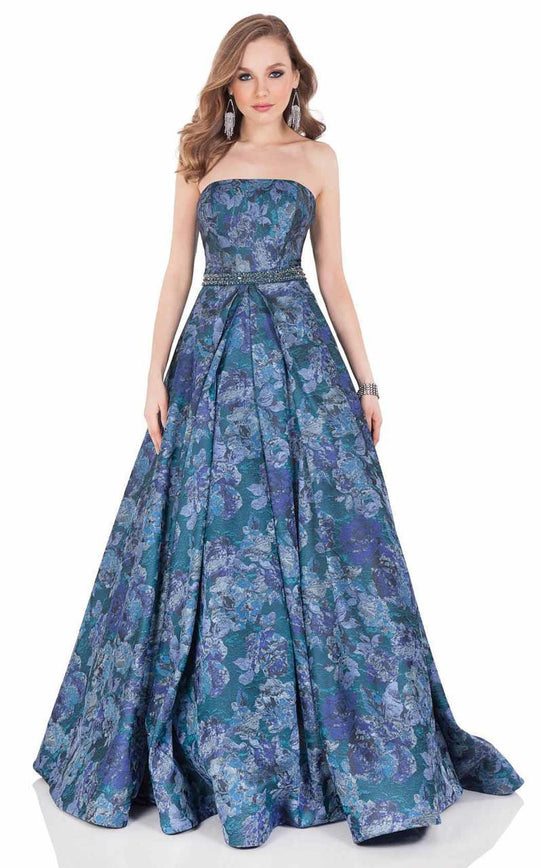 Terani Couture - Strapless Floral Print Ball Gown 1621E1500 In Blue