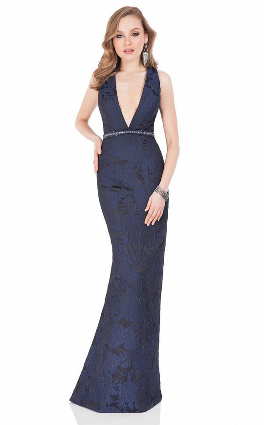Terani Couture - Plunging V-neckline Floral Print Gown 1621E1509 In Blue and Black