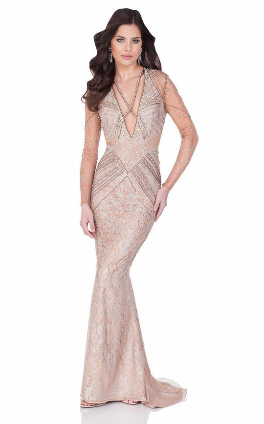 Terani Couture - Deep V-neck with Sparkling Stones Illusion Sleeve Gown 1621GL1882 In Brown and Neutral