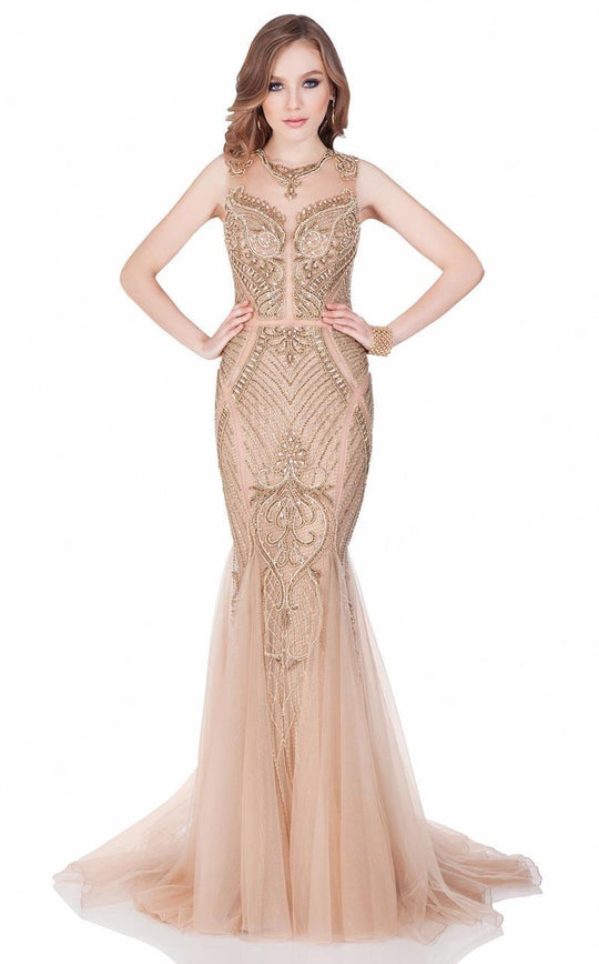 Terani Couture - Embellished Metallic Fishnet Mermaid Gown 1621GL1886 In Brown and Neutral