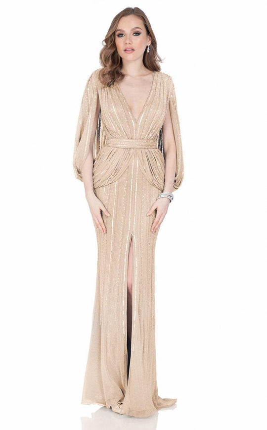 Terani Couture - Minimalist Metallic Knit V-Neck Column Gown 1621M1729 In Neutral
