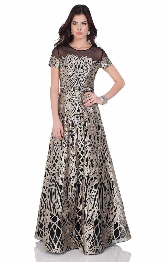 Terani Couture - Illusion Neckline Metallic Embroidered A-line Gown 1622E1568 In Gold and Black