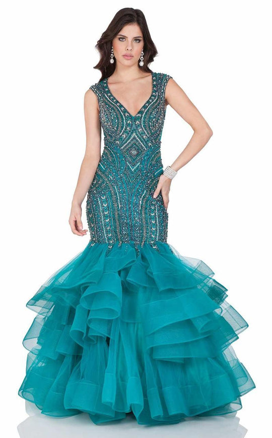 Terani Couture - Ostentatious V-Neck Ruffled Mermaid Gown 1622GL1990 In Blue and Green