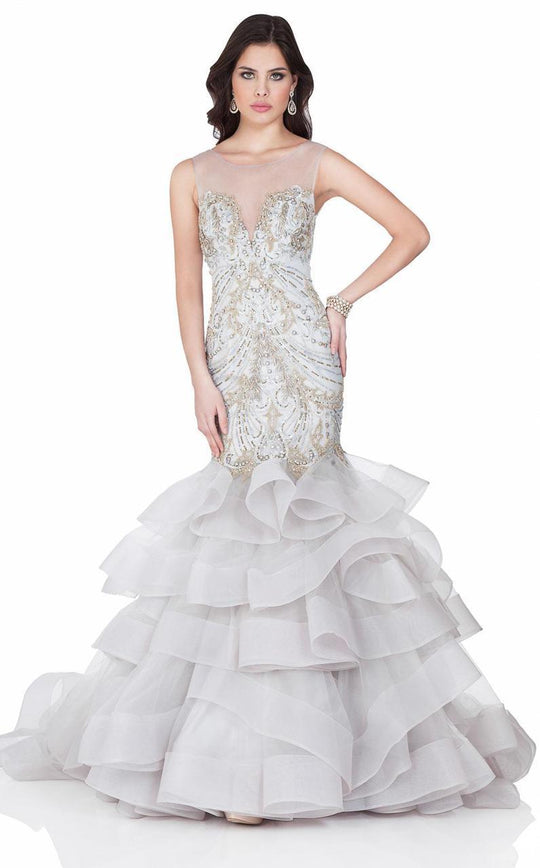 Terani Couture - Embellished Illusion Neckline Ruffle Mermaid Gown 1622GL1991 In Silver